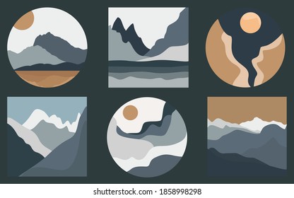 Mountain.Sun, moon. Mountain landscape. Paper cut style. Flat abstract design. Scandinavian style illustration. Set of six hand drawn trendy Vector illustrations. Cool Backgrounds