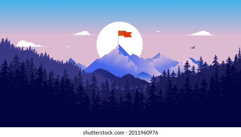 Mountaintop with flag - Landscape vector illustration with mountain and red flag on top. Goal achievement concept.