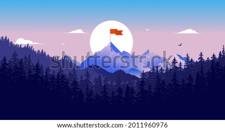 Mountaintop with flag - Landscape vector illustration with mountain and red flag on top. Goal achievement concept.