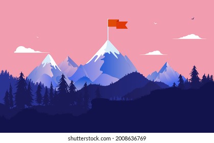 Bandera de la montaña - Escena de la naturaleza con alta montaña y bandera ondeando encima. Objetivo, éxito y concepto de motivación. Ilustración vectorial.