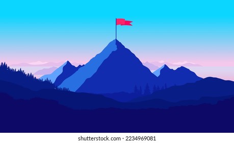 Mountaintop with flag vector illustration - Mountain range in blue landscape with waving flag on top and blue sky. Motivational concept