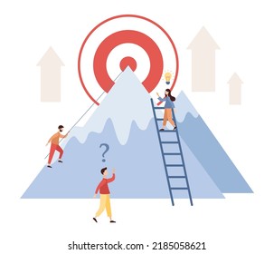 Mountaintop goal. Path to the goal mountain summit with flag on top. Efforts to achieve target. Success Route, Perseverance, Challenge, Career and personal growth. Business. Vector flat illustration 