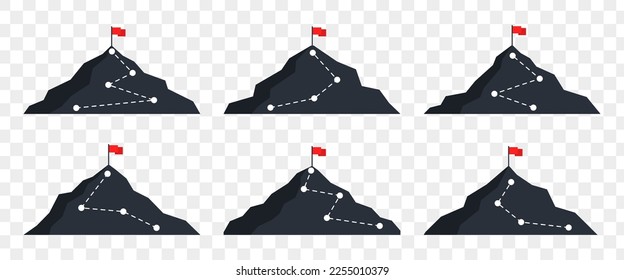 Mountaintop goal. Set. Way to success. Challenges in business and career. Red flag on the mountain. Vector illustration.