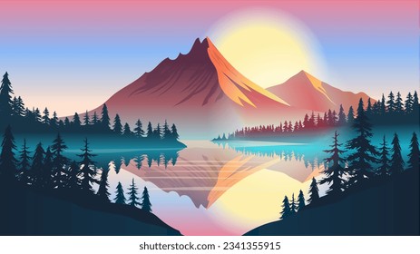 Mountaintop landscape vector - Tranquil nature scene with sunset, forest, calm lake, mountains and beautiful colours