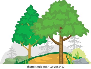 Mountan forest landscape with green trees on hill