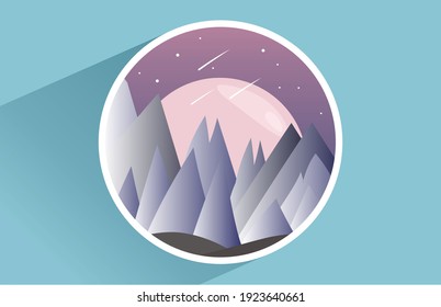 Mountan, moon and shooting star, night view on frame decoration. Nature background concept, vector illustration