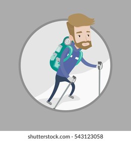 Mountaneer climbing a snowy ridge. Mountaineer climbing a mountain. Mountaineer with backpack walking up along a snowy ridge. Vector flat design illustration in the circle isolated on background.