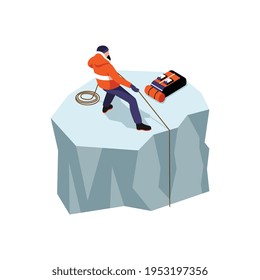 Mountaneering isometric icon with man pulling rope 3d vector illustration