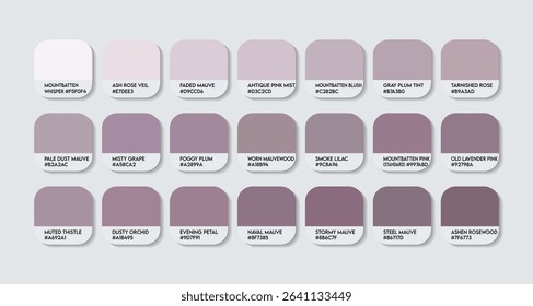 Mountbatten Pink Color Palette. Mountbatten Pink Tones Swatch Chart with HEX Codes and Color Names. Muted Lavender Pink Tones Variants Infused Tone Palette. Desaturated and Earthy purple color palette