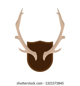 Mounted antlers horn wildlife hunt deer rack vector icon. Interior wall trophy animal silhouette skull bone. Flat design isolated