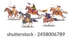 Mounted Asian Warriors, Dynamic vector Scene of Ancient Mongol Warriors Group On Horseback In Battle-ready Poses