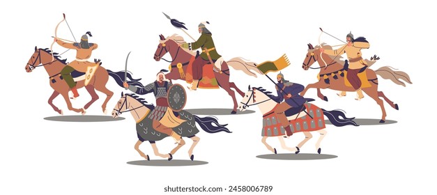 Mounted Asian Warriors, Dynamic vector Scene of Ancient Mongol Warriors Group On Horseback In Battle-ready Poses