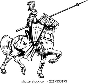 Mounted Knight Black and White Vector Illustration