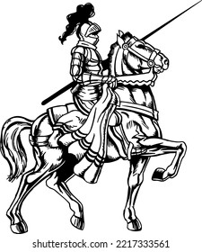 Mounted Knight Black and White Vector Illustration