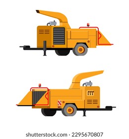 Auf den Rädern Baumhacker montiert. Anhänger-Holzhacker mit Zugstange. Gelber Holzhacker zum Splittern von Bäumen und Brunches nach dem Baumschneiden. Vorder- und Rückseite. Vektorclip-Kunst o