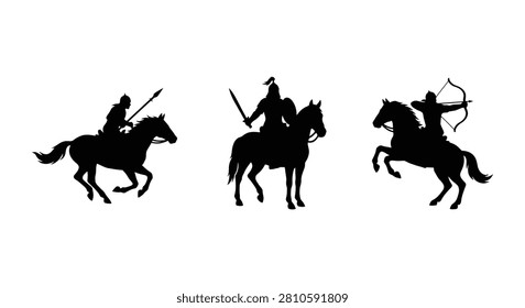 Mounted warriors on horseback in a black silhouette against a white background silhouette equestrian horsemen