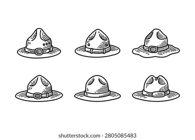 Mountie hat engraved icon set for Canadian heritage. Ranger hat hatching elements for ceremonial. Police campaign hat and Broad brim headwear hand drawn illustration symbols