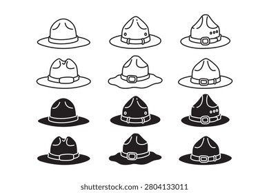 Mountie hat outline and solid icon set for Canadian heritage. Ranger hat line art and silhouette elements for ceremonial. Police campaign hat. Broad brim headwear