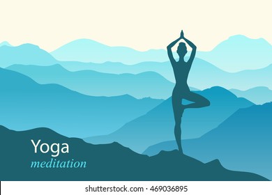 Mountine landscape with girl practice yoga tree pose, vector background. 