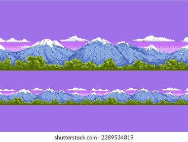 Mountine pixel landscape. Seamless scene with nature and mountines. Vector