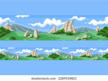 Mountine pixel landscape. Seamless scene with nature and mountines. Vector