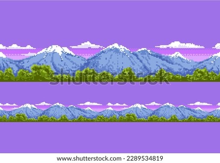 Mountine pixel landscape. Seamless scene with nature and mountines. Vector