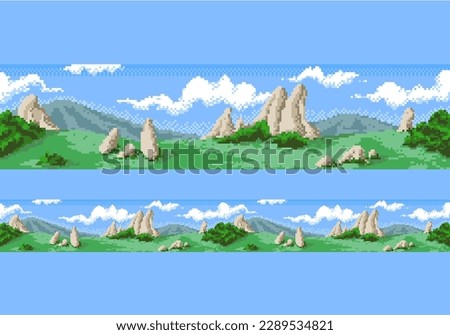 Mountine pixel landscape. Seamless scene with nature and mountines. Vector
