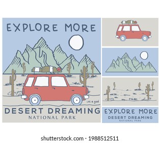 Mounting Explore More By Road Trip Vector Print Design. Cactus Desert Trip Graphic Design. 