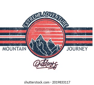 Mounting exploring stripe t shirt design. Summer outdoors camp vector artwork.