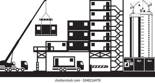 Mounting of site offices in construction - vector illustration