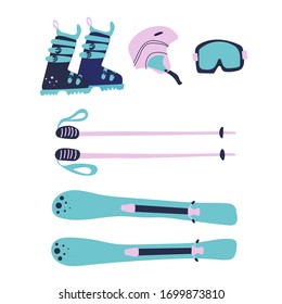 Mounting skiing set. Winter sport accessories. Drawing flat vector illustration.
