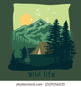 Montagem de verão camping arte para t shirt , suéter, cartaz, adesivo e outros. Projeto de vetor de t-shirt de caminhada de montanha.