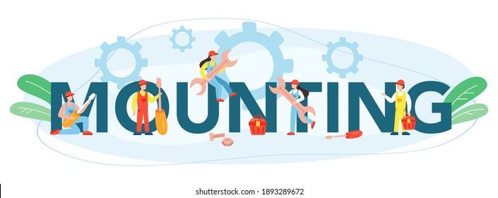 Mounting typographic header. Repairman installing, examining and repairing conditioner with special tools and equipment. Isolated vector illustration