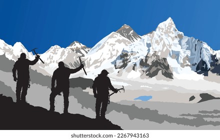 mounts Everest and Nuptse from Nepal side as seen from Kala Patthar peak with black silhouette of three climbers with ice axe in hand, vector illustration, Nepal Himalaya mountain