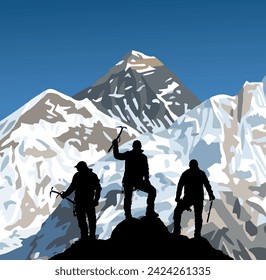 mounts Everest and Nuptse from Nepal side as seen from Kala Patthar peak with black silhouette of three climbers with ice axe in hand, vector illustration, Nepal Himalaya mountain