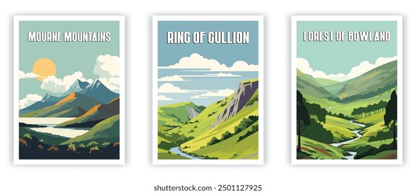 Mourne Mountains, Ring of Gullion, Forest of Bowland Illustration Art. Travel Poster Wall Art. Minimalist Vector art