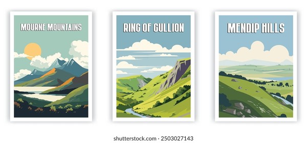 Mourne Mountains, Ring of Gullion, Mendip Hills Illustration Art. Póster de viaje Arte de pared. Arte vectorial minimalista