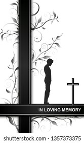 mourning card in loving memory with a man on a cross and floral elements isolated on white background