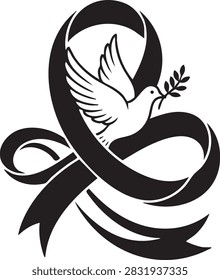Mourning Concept Vector of Flying Peace Dove and Intertwined Black Awareness Ribbon Silhouette