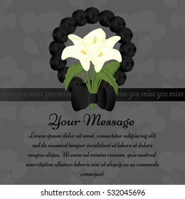 Mourning frame with calla flowers, funeral wreath and ribbon. Grey background.