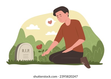 Mourning Man Sitting in Front of a Grave in a Cemetery