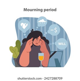 Mourning period encapsulated. The dual ache of heartbreak and financial worry, under the shadow of loss. Flat vector illustration.