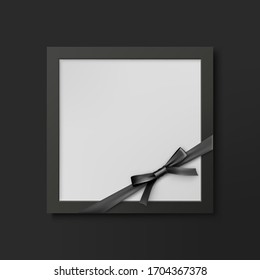 Mourning photo frame mockup with black ribbon bow. Funeral ceremony and condolence card layout. Black memorial square frame with empty place for portrait or text isolated vector illustration.