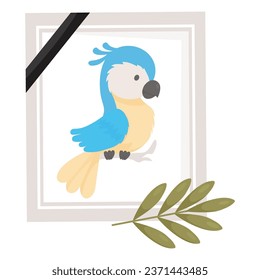 Mourning Photograph of dead yellow blue parrot macaw. Frame portrait with lovely pet of tropical bird parrot ghost. Vector illustration 