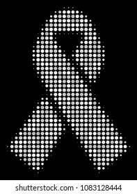 Mourning ribbon halftone vector icon. Illustration style is dot iconic mourning ribbon symbol on a black background. Halftone matrix is constructed from spheric points.
