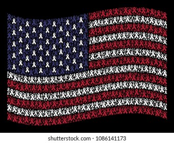 Mourning ribbon icons are organized into waving USA flag abstraction on a dark background. Vector collage of USA state flag is made with mourning ribbon elements.