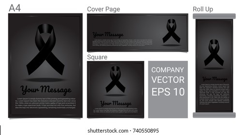 Mourning symbol. RIP Funeral card Black awareness Ribbon Sign and Text Banner With Grey Background Vector Design Set