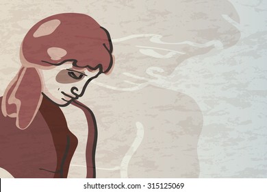 Mourning woman. Sadness and separation concept. Orpheus and Eurydice motif.  Vector illustration with texture and copy space.