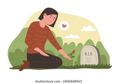 Mourning Woman Sitting in Front of a Grave in a Cemetery