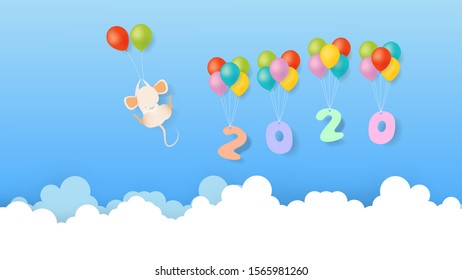 Mouse and 2020 characters hanging with colorful balloons floating in to the sky on cloud background, illustration vector